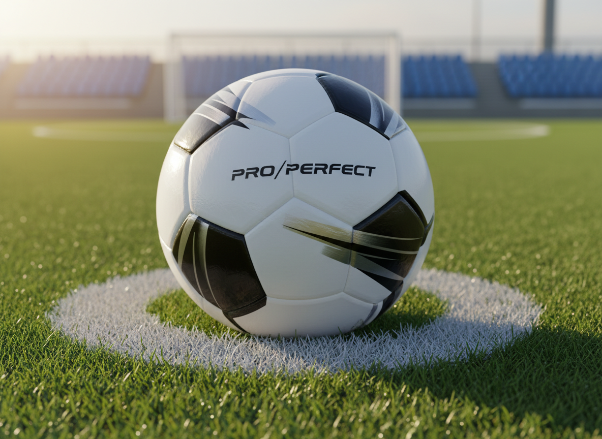 A premium match-quality soccer ball with a glossy white surface and deep, textured hexagon and pentagon panels, accented by sleek black and metallic silver graphics. The ball rests precisely on the center spot of a perfectly maintained green grass pitch, individual blades of grass crisp in focus. Late afternoon natural light washes across the scene, creating clean highlights on the ball’s curves and soft, directional shadows behind it. Photographed at a low, slightly forward angle in photographic realism, the ball dominates the frame in a centered composition, with the goalposts and stadium seats blurred in the distant background. The mood is professional, aspirational, and performance-focused, ideal for a premium online store hero image.