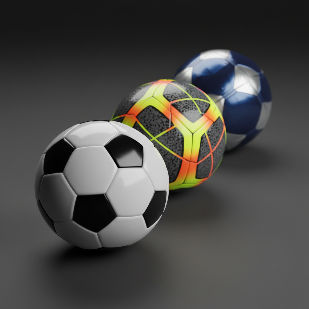 A close-up of three distinct professional-grade soccer balls arranged in a neat diagonal line on a smooth, dark matte studio surface. One ball features classic black-and-white panels, another has bold neon accents on textured micro-patterned panels, and the third showcases a modern geometric design in deep blue and silver. Soft, controlled studio lighting from above and slightly to the side creates refined reflections on the glossy surfaces and subtle gradients on the textures. The background fades into a clean, charcoal gray with a gentle vignette, emphasizing the products. Captured from a slightly elevated angle with shallow depth of field, the front ball in razor-sharp focus and the others softly receding, the mood is polished, minimal, and decisively professional.